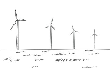 Vector Hand Drawn Wind turbine Towers on White Background. Green Energy Concept Vintage Style Illustration. Wind Power Generators Field. Clean Energy Industry Ecology Concept Landscape
