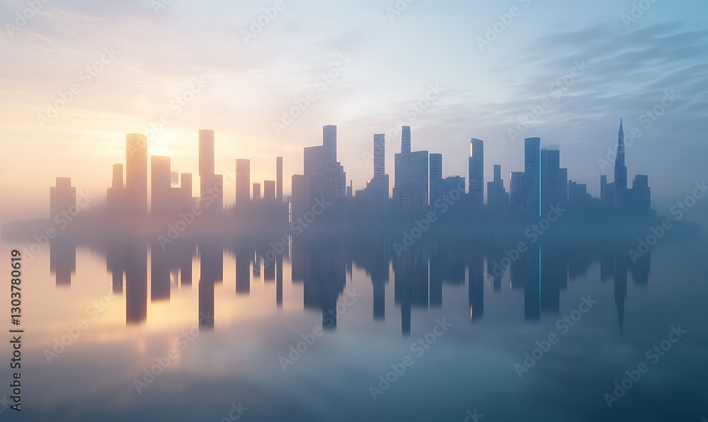 Poster ahmadwahyuutomo776@gmail.com a modern city skyline glowing in the morning light, perfect for urban a