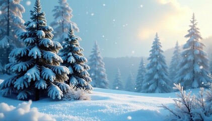 Naklejka premium Frosty trees with snowflakes gently falling amidst a serene winter landscape, evergreen, branches