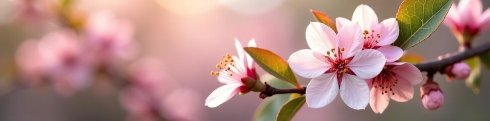 Obraz premium Pastel pink pear flowers bloom on tree branches, leaves, gentle, hues