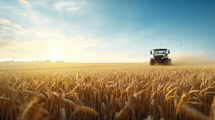 Fototapeta premium Tractor in Golden Wheat Field at Sunrise