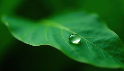 Single tiny water drop on a green tropical leaf blade, tiny, moisture, blade