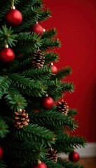 Foliage and pinecones create a cozy atmosphere around a Christmas tree near a bright red wall, Christmas, tree