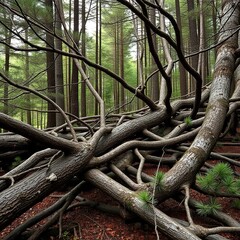 Obraz premium Branches and trunks of fallen conifers intertwined, entwined, forest