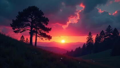 Fototapeta premium Darkening landscape at sunset with tall trees, twilight, tall trees, dark clouds