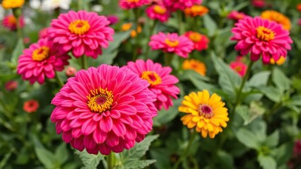 Brightly colored Zinnia flowers blooming in a garden, summer, blossoms, colorful