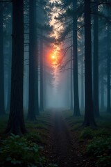 Obraz premium Tall trees in a dense English forest during twilight with misty atmosphere, natural atmosphere, tree trunks