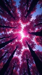 Treetop canopy with soft pink light filtering through, night, pink, dreamy