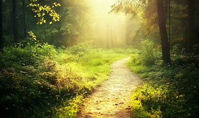 Obraz premium ahmadwahyuutomo776@gmail.com A tranquil forest path bathed in soft, golden light, perfect for nature-themed projects and serene imagery.