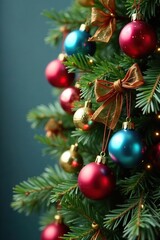 Pine branch arrangement with multicolored glass balls and ribbons, winter, festive, ornamentation