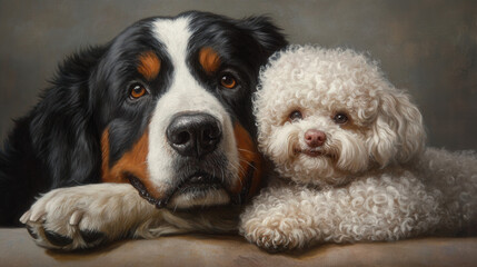 A traditional oil painting featuring a Bernese Mountain Dog and a small, curly-haired Bichon Frise