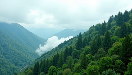 Gray clouds hide tree canopies on mountain slopes, landscape, canopy, overcast