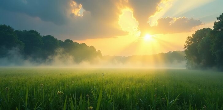 Misty meadow with sunbeams piercing through the veil, sunbeams, landscape