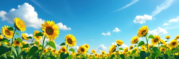 Obraz premium Tall sunflowers sway gently in the breeze against a brilliant blue sky with just a few wispy clouds, landscape, sunflowers