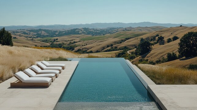 A view of the hills from an infinity pool with la white lounge chairs, overlooking distant mountains