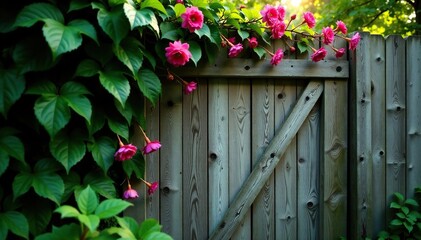 Leafy branches and flowers on a wooden fence gate, leaves, flowers