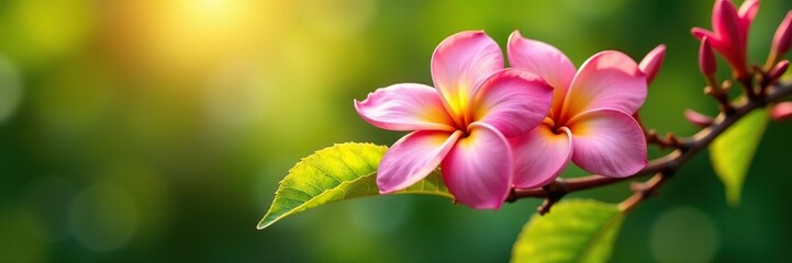 Plumeria branch with blossoms unfolding in sunlight, floral, foliage, flowers
