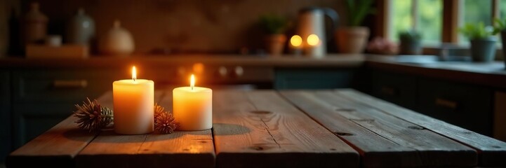 Soft candlelight illuminates a rustic wooden kitchen table, soft glow, inviting atmosphere, candlelight