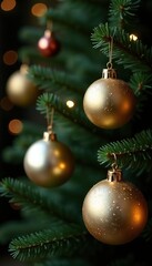 Gold and silver metallic ornaments hanging from fir tree branches, shiny, decorations, gold