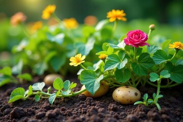Vines entwining flowers on potato plants in a garden, horticulture, gardening, vines