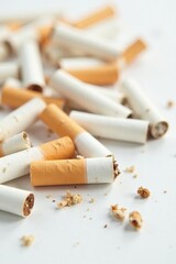Discarded cigarette butts scattered on white surface, waste, dirty, hygiene