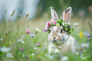Ostara Bunny Enchanted Floral Rabbit Covered in Blossoms in a Green Meadow Representing the Spring Equinox and Easter Traditions