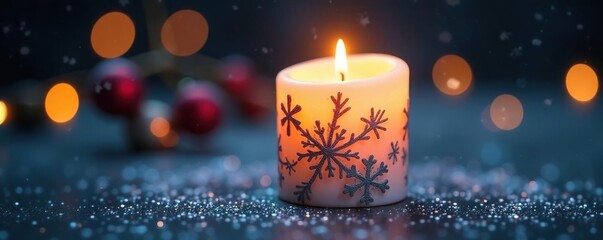 Snowflake-patterned candle with glittering silver dust, christmas, sparkling, decorations
