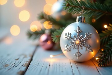 Sparkling snowflake ornament amidst soft bokeh background, bokeh, ornaments, white