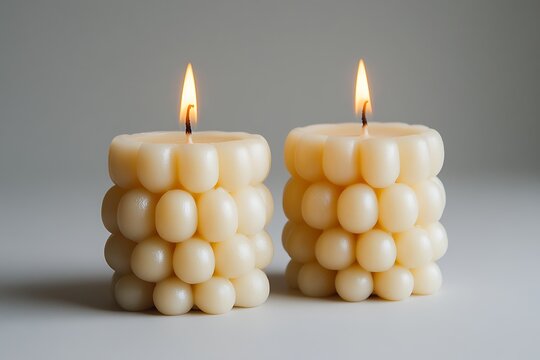 Candles burning, white surface, blurry