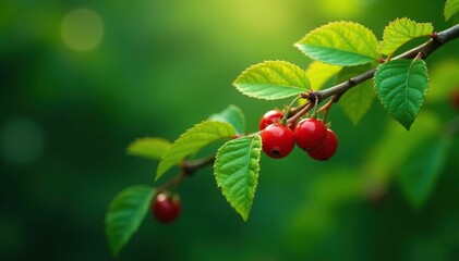 Obraz premium Leafy branches of Sida cordifolia with berries, botany, foliage