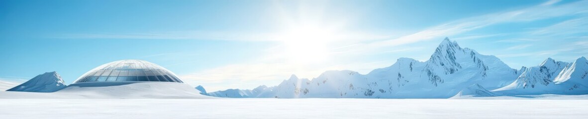 Fototapeta premium Winter Landscape with Futuristic Dome and Mountains