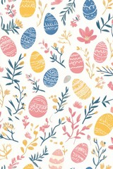 Seamless Hand-Drawn Easter Pattern with Decorative Eggs and Floral Elements – Playful Pastel Spring Design for Fabrics, Wrapping Paper, and Digital Art