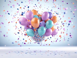 Colorful balloons floating amidst confetti in a festive celebration setting