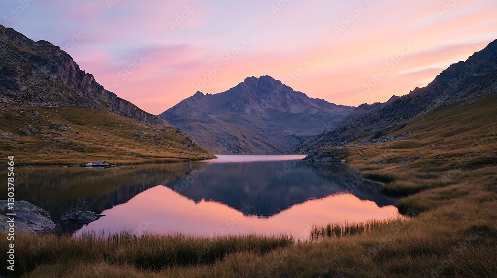 Poster ahmadwahyuutomo776@gmail.com A tranquil mountain lake at dawn, showcasing serene reflections and vibrant colors.