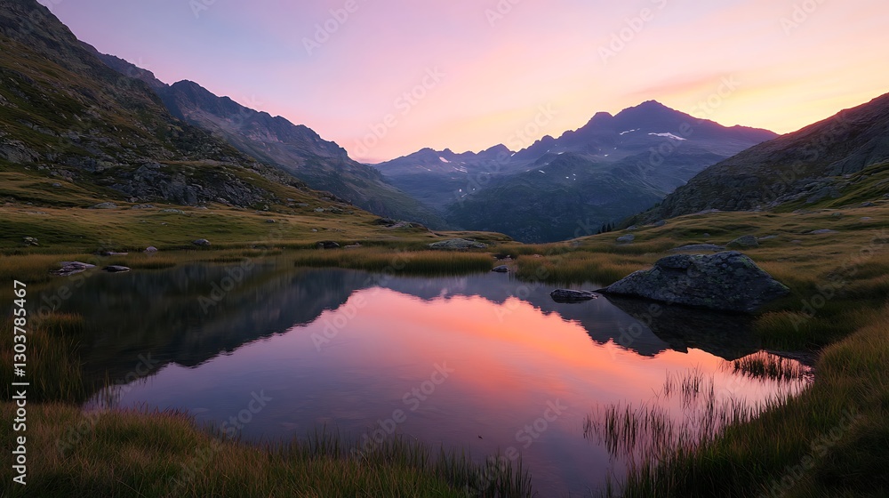 Poster ahmadwahyuutomo776@gmail.com a serene mountain lake at dawn, showcasing a tranquil reflection of nat