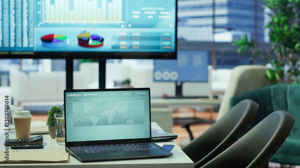 Poster coworkers engaging in a problem solving meeting at a corporation, using an interactive board to visu