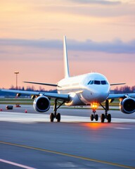 Passenger Airplane Taxiing on Runway at Sunset, Air Travel and Transportation Industry