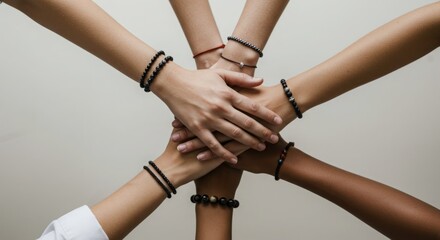 Diverse hands clasped together, symbolizing unity and teamwork. A powerful image of collaboration.
