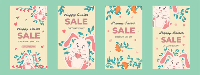 Happy Easter, Holiday Sale, Save 50%, Buy Now. Cute Easter bunny, Holy Holiday vector illustration, design with bunnies in egg shape
