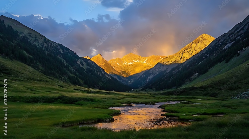 Poster ahmadwahyuutomo776@gmail.com a scenic mountain valley at sunrise bathed in golden light, ideal for n