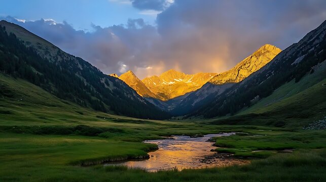 ahmadwahyuutomo776@gmail.com A scenic mountain valley at sunrise bathed in golden light, ideal for nature and landscape themes.
