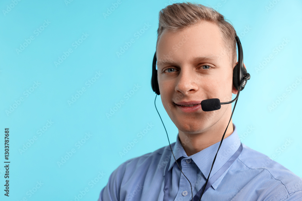 Poster technical support call center. smiling operator on light blue background. space for text