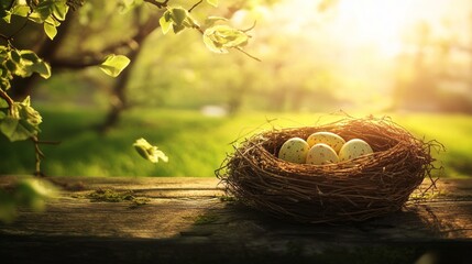 Easter eggs in a rustic bird's nest on green grass meadow with bright spring sunlight, wooden bench display, and fresh tree leaves celebrating happy easter holiday.


