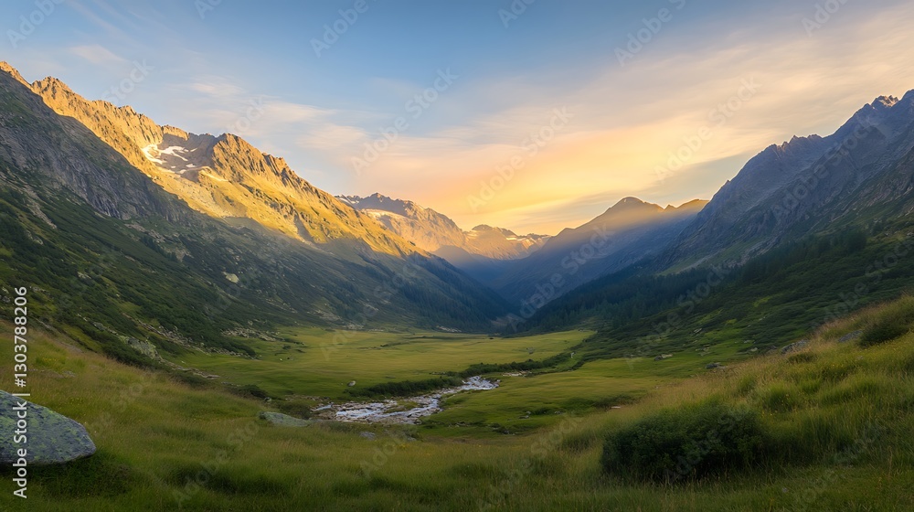 Aufkleber ahmadwahyuutomo776@gmail.com a breathtaking sunrise over a scenic mountain valley illuminated by gol