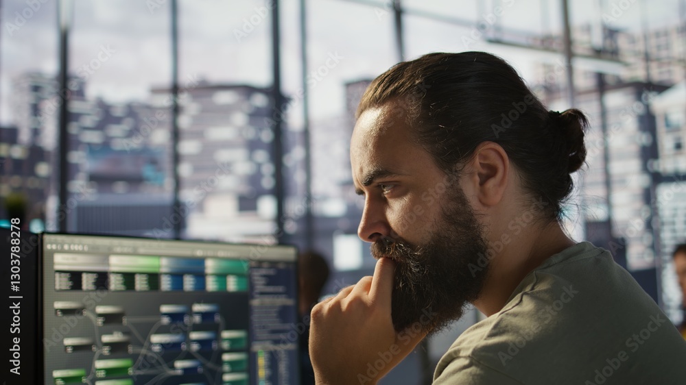 Poster System administrator working with machine learning artificial intelligence critical to autonomous systems. Close up of man transforming data into predictive models, camera B