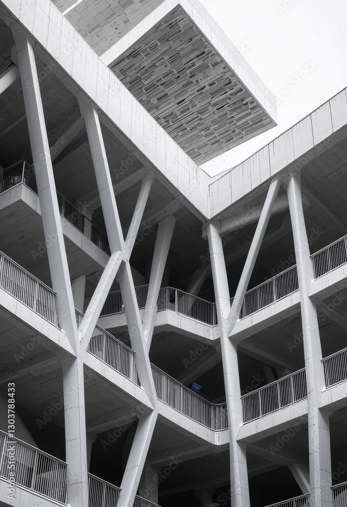 Poster Modern Architecture. Concrete Structure, Minimalist Design. Angular Beams Provide Dynamic Support. A Low Angle Shows The Detail, Light, And Shadow Interplay. Industrial Feel Is Evident.