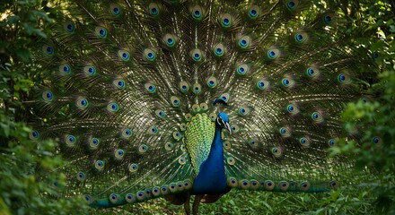 Obraz premium Peacock Displaying Feathers Amidst Greenery in a Natural Habitat Setting