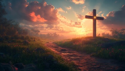 Cross stands at pathway, sunrise background