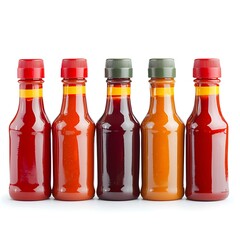 Bottles red hot sauce with sleek labels and fiery colors, arranged in a neat collection The bottles are isolated on white background