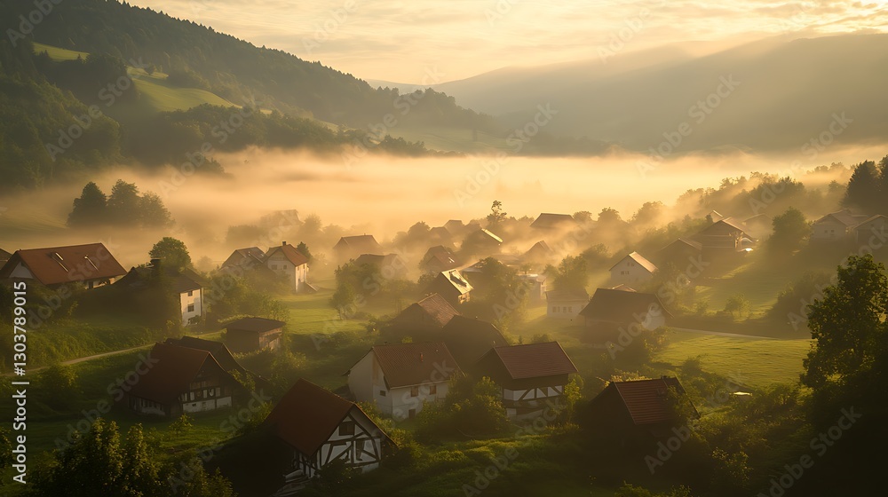 Poster ahmadwahyuutomo776@gmail.com a serene morning view of a small village nestled in a picturesque valle